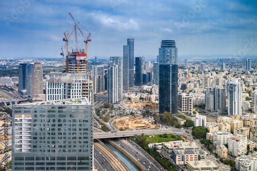 Aerial view of Ayalon highway and new skyscrapers in Tel Aviv, Israel.