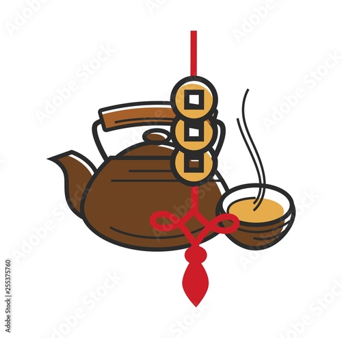 Chinese symbols China tea and lucky gold coins