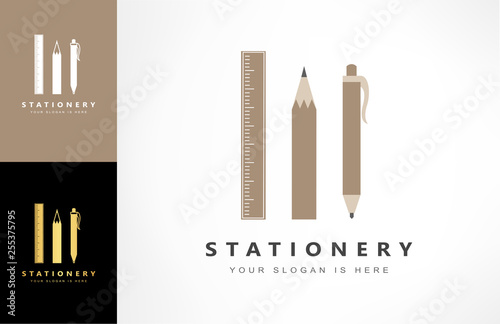 stationery logo vector. ruler, pencil and pen symbol.
