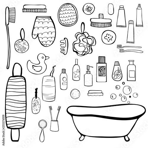 Bath set. Bathroom items. Vector sketch  illustration.