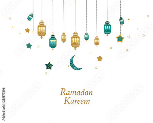 Ramadan Kareem gold and green colored with hanging lamps, crescents and stars. Traditional lantern of Ramadan greeting card