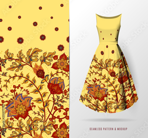 Vector seamless pattern of hand draw fantasy flowers on women's dress mockup. Hand-drawn ornate pattern with an example of application. Btown on yellow