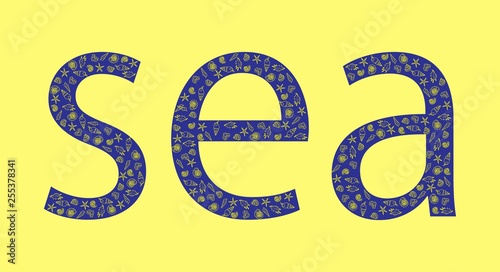 unusual blue inscription sea with yellow contours of various mollusks and seashells on a light yellow background