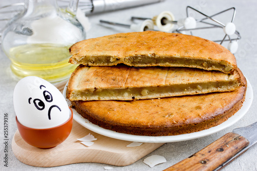 Unsuccessful biscuit, poorly baked sponge cake that has not risen, cooking mistakes, bad recipe photo