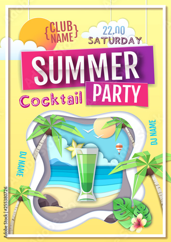 Disco summer cocktail party poster. Paper cut out art style design