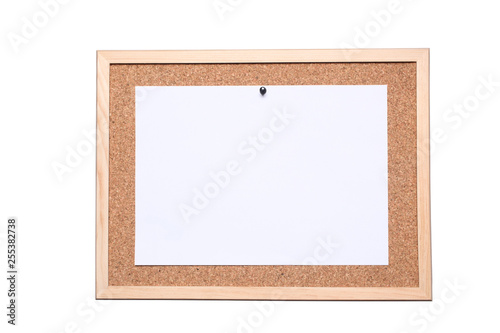 cork board with a white paper sheet fixed by a pin isolated on white background with clipping path included and copy space for your text