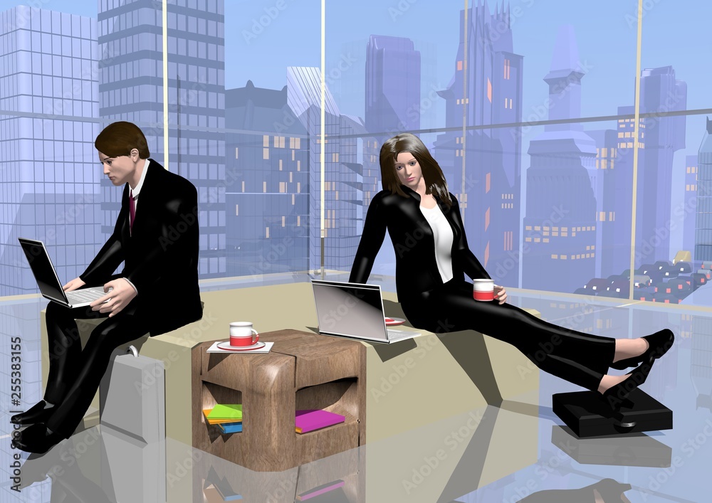 Fototapeta premium a businessman and a businesswoman sitting in a room with their notebooks, relaxing and working, like in a waiting room, 3D illustration, raster illustration
