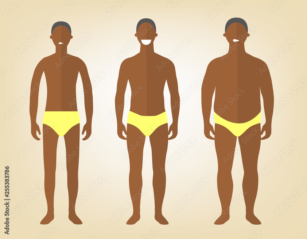 Handsome black man in yellow underwear with excess weight, in normal shape and with underweight. Man in a different forms, set of flat style illustrations. Flat design character. Handsome black man in yellow underwear with excess weight, in normal shape and with underweight. Man in a different forms, set of flat style illustrations. Flat design character.