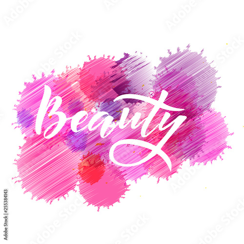 Beauty hand lettering logo. Design print for t-shirt, notebook, diary, sticker, banner, poster, magazines, beauty shop, beauty salon. Vector illustration on colorful  background. 