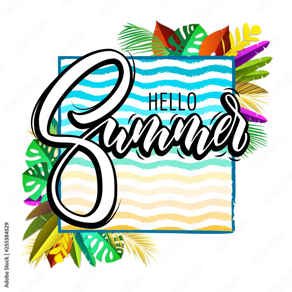 Lettering hello summer wrote by brush. Hello summer calligraphy. Palm leaves
