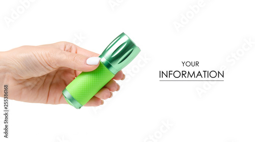Green flashlight energy in hand pattern on white background isolation