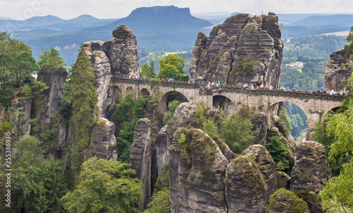 Rathen, Germany - The Bastei is a rock formation towering 194 metres above the Elbe River in the Elbe Sandstone Mountains, and one of the main attraction of the Saxon Switzerland National Park