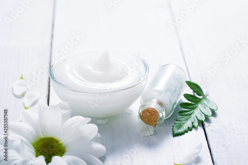 spa setting with cosmetic cream, gel, bath salt and fern leaves on white wooden table background