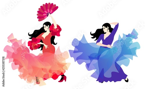Spanish flamenco dancer in red dress, whose hem soars like bird, and gypsy girl in lilac-blue dress with shawl like a magic bird, isolated on a white background.
