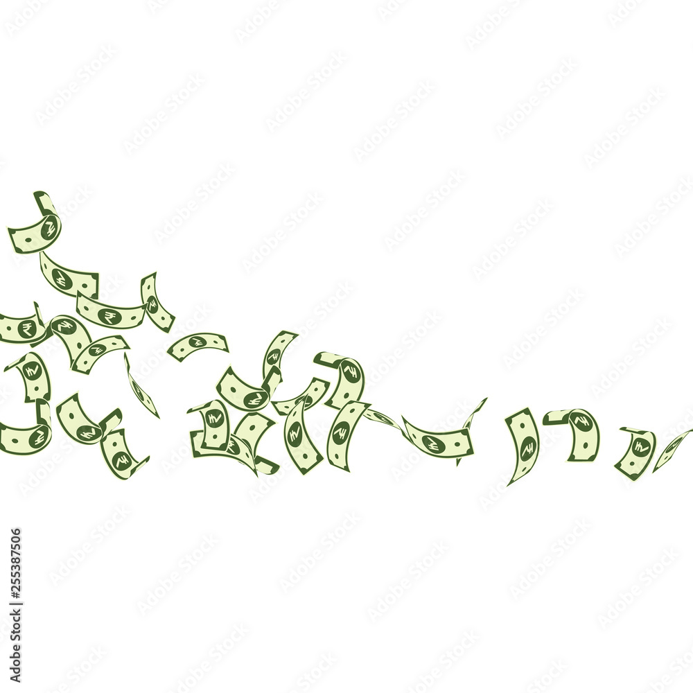 Indian rupee notes falling. Sparse INR bills on wh Indian rupee notes falling. Sparse INR bills on wh