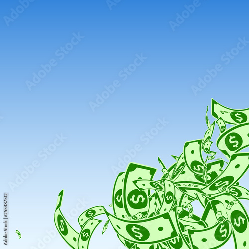 American dollar notes falling. Messy USD bills on 