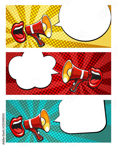 Sale Banners with Open Mouth and Megaphone in Pop Art style