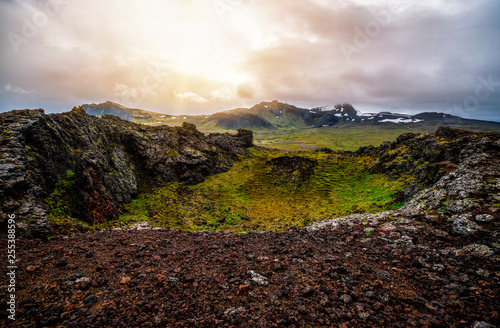 Saxholar Crater in Snaefellsjokull National Park, Iceland. Saxholl is a crater which is easy to climb. There is a great view over the area from the top. photo