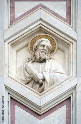 Saint Bartholomew the Apostle, relief on the facade of Basilica of Santa Croce (Basilica of the Holy Cross) - famous Franciscan church in Florence, Italy