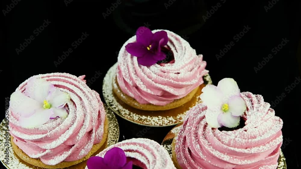 closeup panorama down on small group of pink marshmallow cookies closeup panorama down on small group of pink marshmallow cookies