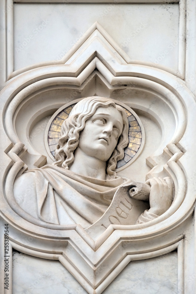 Joel prophet, relief on the facade of Basilica of Santa Croce (Basilica of the Holy Cross) - famous Franciscan church in Florence, Italy