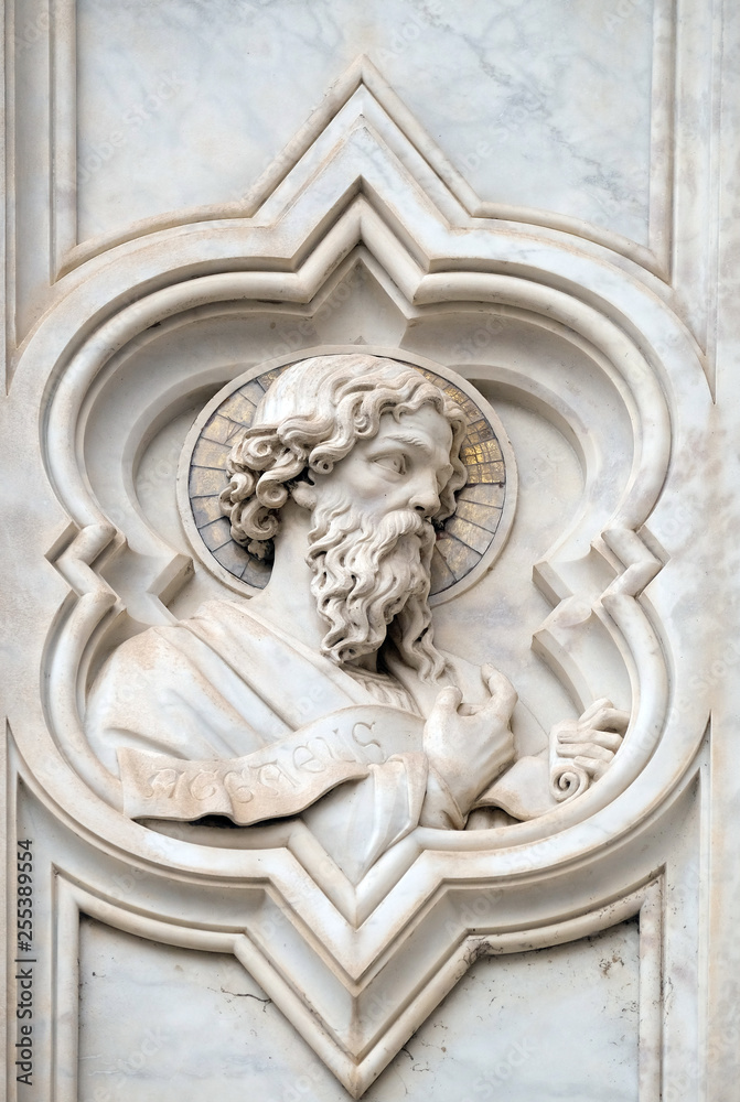 Haggai prophet, relief on the facade of Basilica of Santa Croce (Basilica of the Holy Cross) - famous Franciscan church in Florence, Italy
