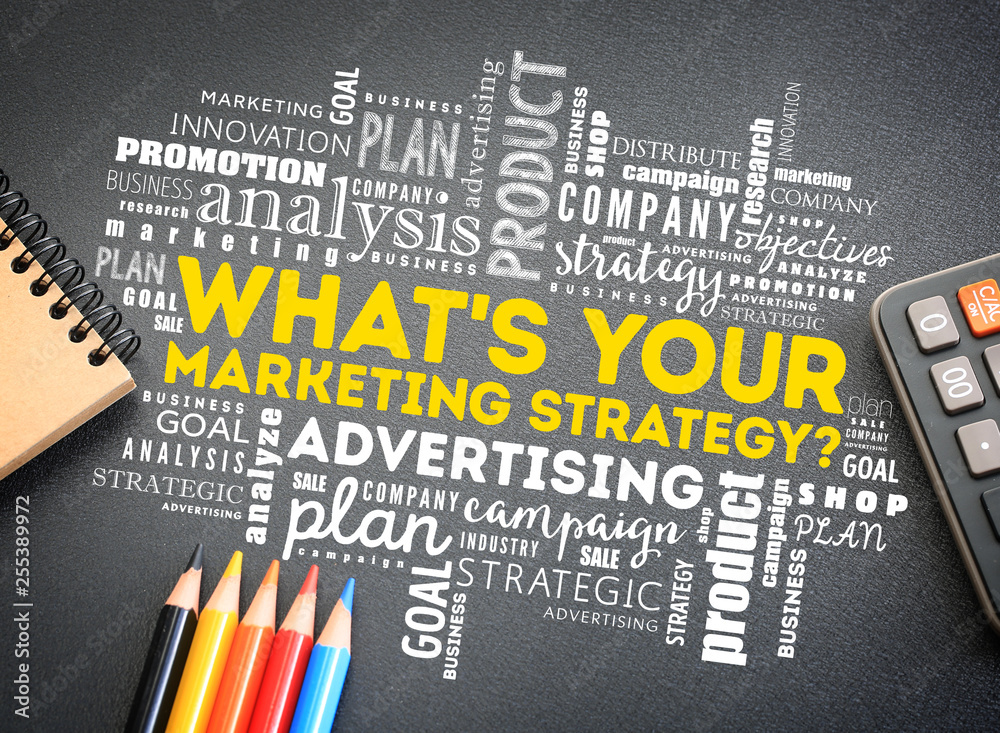 What's Your Marketing Strategy word cloud on desktop, business concept background