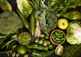 Green health food, fruits and vegetables closeup.