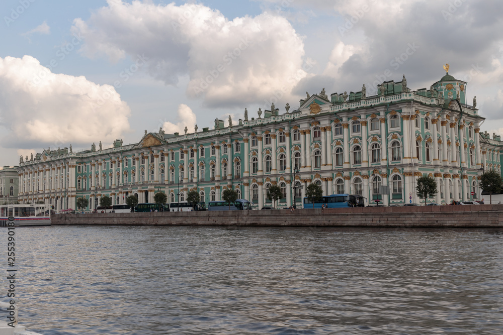 View of the Hermitage from the pleasure craft. Hermitage - the Russian imperial residence in St. Petersburg, used as a museum and art gallery.