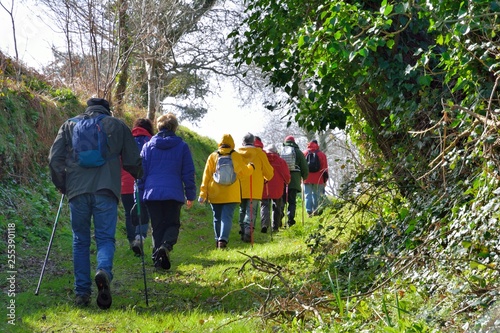 Group of hikers on the path in Brittany. France