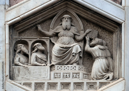 King Phoroneus as personification of the beginning of the law making, workshop of Andrea Pisano, Relief on Giotto Campanile of Cattedrale di Santa Maria del Fiore, Florence, Italy