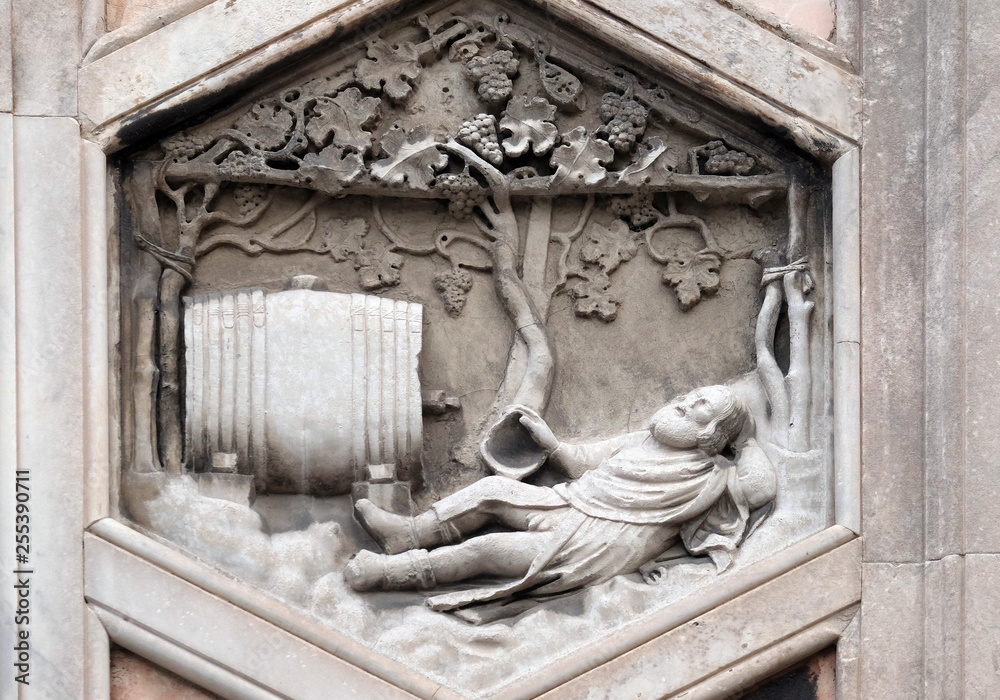Noah by Collaborator of Andrea Pisano, 1334-36., Relief on Giotto Campanile of Cattedrale di Santa Maria del Fiore (Cathedral of Saint Mary of the Flower), Florence, Italy
