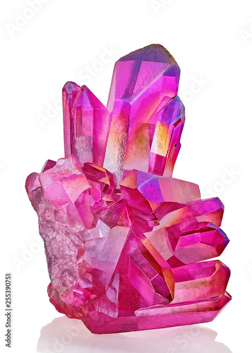 Amazing colorful Quartz Pink Titanium aura crystal cluster on white background, Angel aura mineral