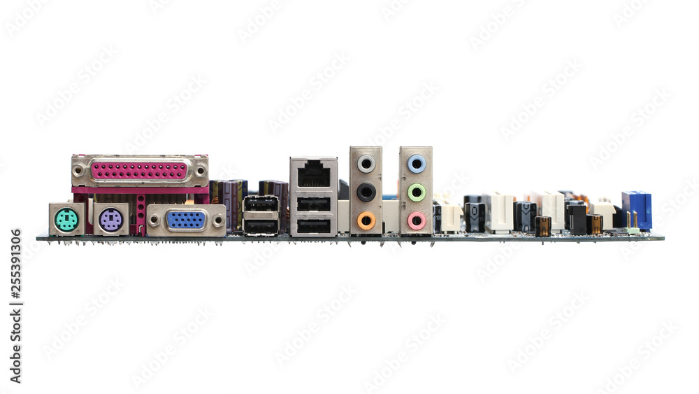 Computer mainboard rear view isolated on white background