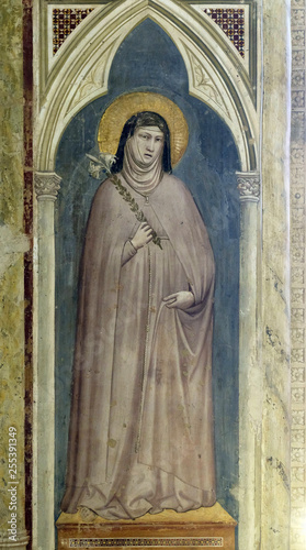 Saint Clare of Assisi holding a lily, fresco by Giotto di Bondone in Basilica di Santa Croce (Basilica of the Holy Cross) - famous Franciscan church in Florence, Italy photo