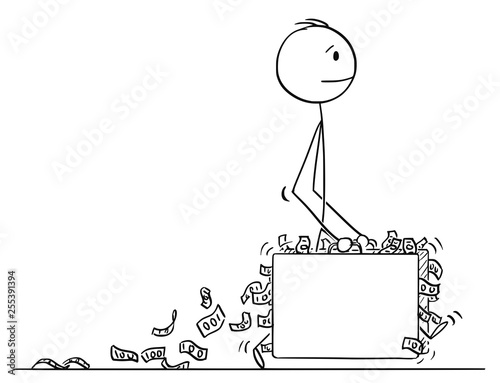 Cartoon stick figure drawing conceptual illustration of man or businessman walking with two big classic suitcases full or overflowing by money.