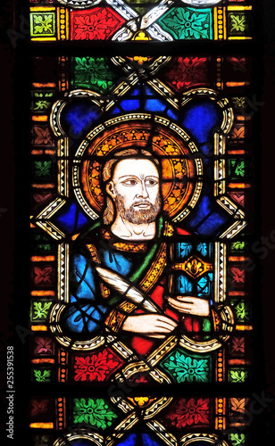 Catholic Saint  stained glass window in the Basilica di Santa Croce  Basilica of the Holy Cross  - famous Franciscan church in Florence  Italy