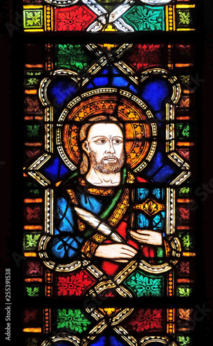 Catholic Saint, stained glass window in the Basilica di Santa Croce (Basilica of the Holy Cross) - famous Franciscan church in Florence, Italy