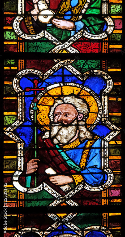 Catholic Saint, stained glass window in the Basilica di Santa Croce (Basilica of the Holy Cross) - famous Franciscan church in Florence, Italy