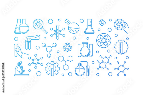 Chemistry Education blue concept outline horizontal banner. Vector chemical modern illustration on white background