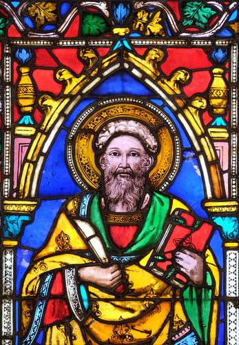 Catholic Saint  stained glass window in the Basilica di Santa Croce  Basilica of the Holy Cross  in Florence  Italy