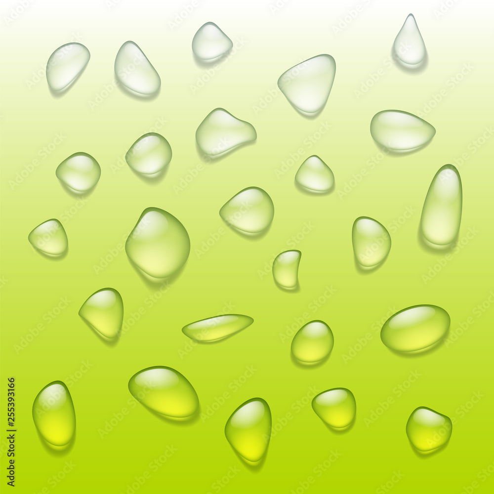 Set of realistic water drops on green background.