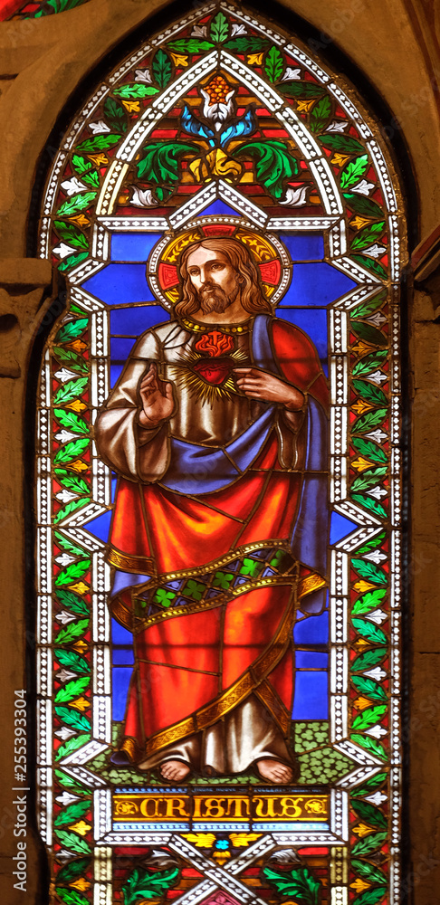 Jesus Christ, stained glass window in the Basilica di Santa Croce (Basilica of the Holy Cross) - famous Franciscan church in Florence, Italy