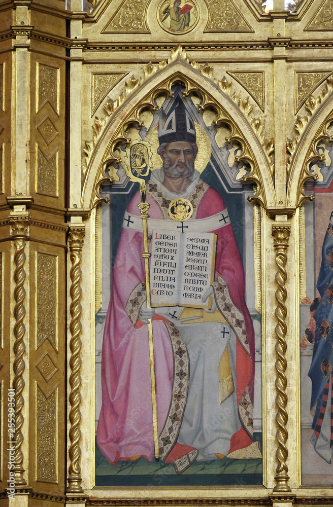 Saint Ambrose, Doctor of the Church by Giovanni del Biondo, detail of Polyptych of the high altar in the Basilica di Santa Croce (Basilica of the Holy Cross) in Florence, Italy