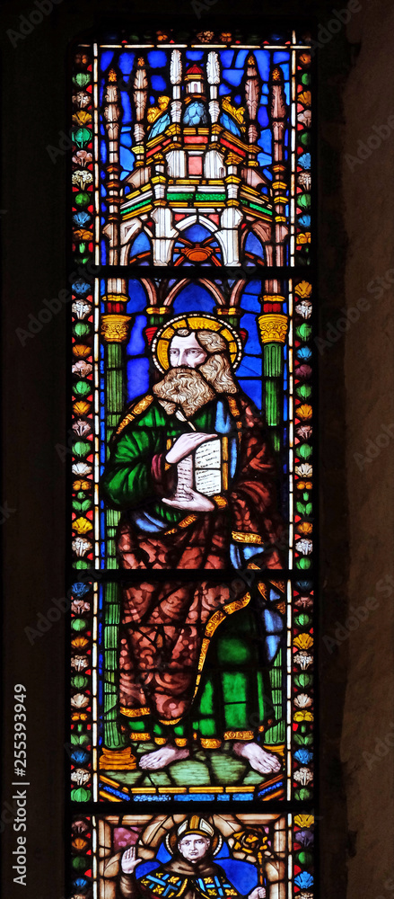 Saint Matthew, stained glass window in the Basilica di Santa Croce (Basilica of the Holy Cross) - famous Franciscan church in Florence, Italy