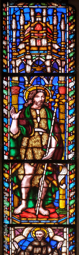 Saint John the Baptist, stained glass window in the Basilica di Santa Croce (Basilica of the Holy Cross) - famous Franciscan church in Florence, Italy