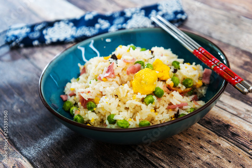 Cantonese fried basmati rice with ham and eggs