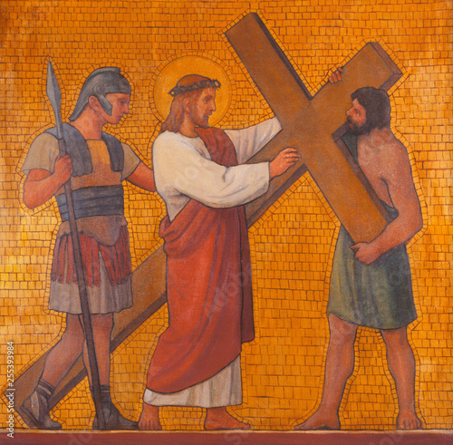 PRAGUE, CZECH REPUBLIC - OCTOBER 17, 2018: The painting Jesus accepts his cross in the church kostel Svatého Cyrila Metodeje by S. G. Rudl (1935).