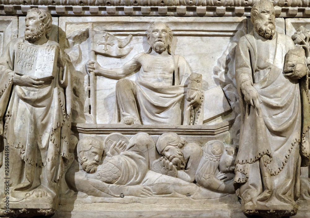 Resurrection, detail of the funerary monument to Gastone della Torre, by Tino di Camaino, Basilica di Santa Croce (Basilica of the Holy Cross) in Florence, Italy