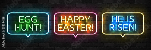 Vector set of realistic isolated neon sign of Easter logo for template decoration and layout covering on the wall background. Concept of Happy Easter celebration.